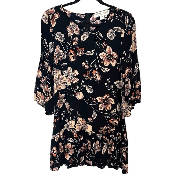 SaltwaterLUXE Black Hibiscus Bell Sleeve Ruffle Hem Mini Dress- Size Medium - Picture 2 of 11
